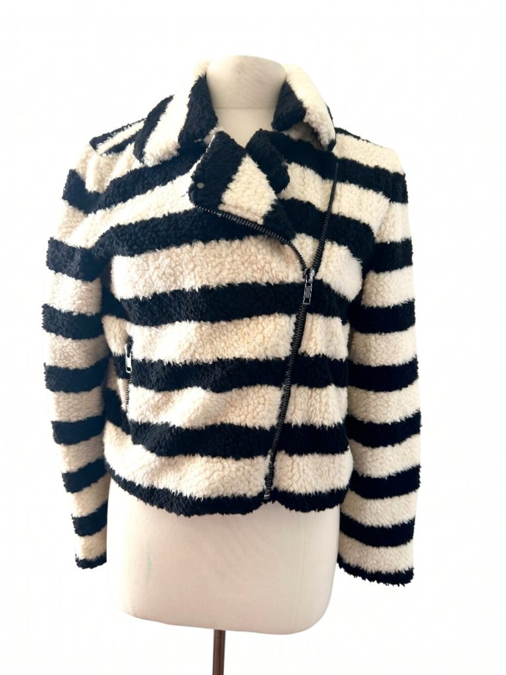 Black & White Striped Fleece Biker Jacket Size Large (fits like a medium)